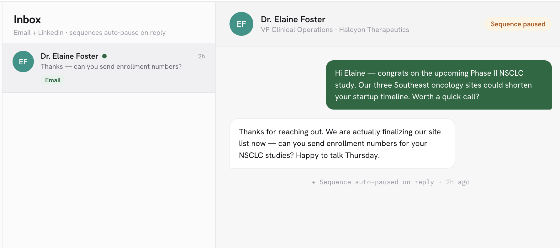 Forest unified inbox showing an opportunity reply and an automatically paused sequence
